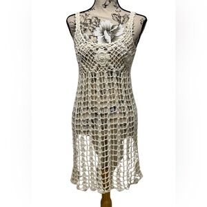 Vintage Boho White Flower Crochet Sleeveless Midi Beach Dress